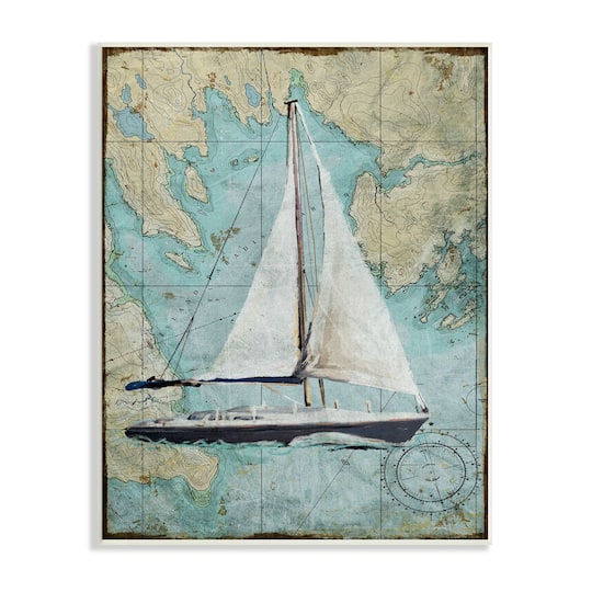 Stupell Industries Vintage World Map Sail Boat Ocean Coast Painting Wood Wall Plaque